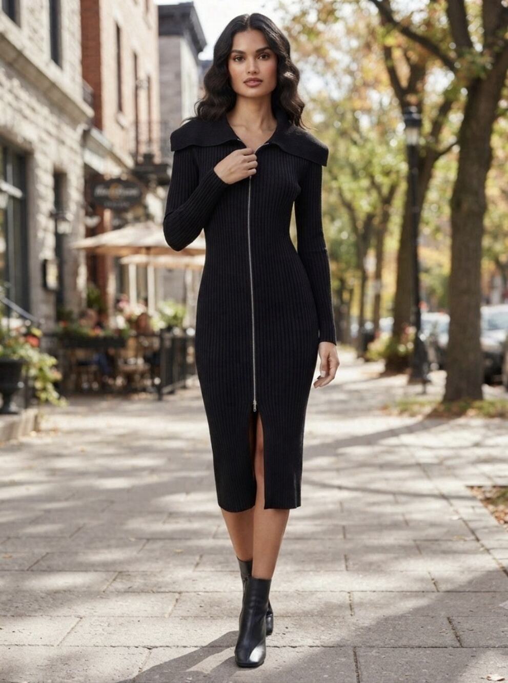 Almost Famous Black Ribbed Bodycon Sweater Dress Full Zip Front Y2K Edgy Goth S